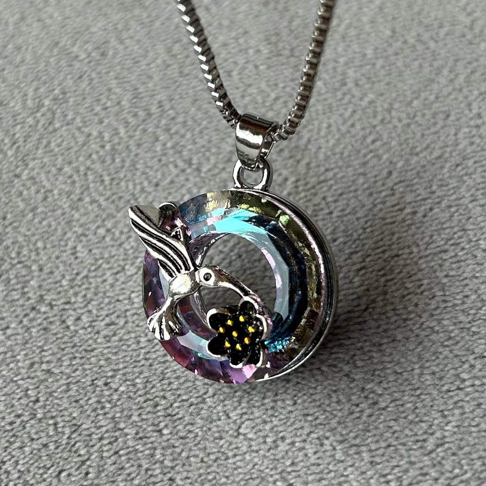 Hummingbird with Flower Necklace ~ Stunning Blue Purple Stone ~ Brand New!